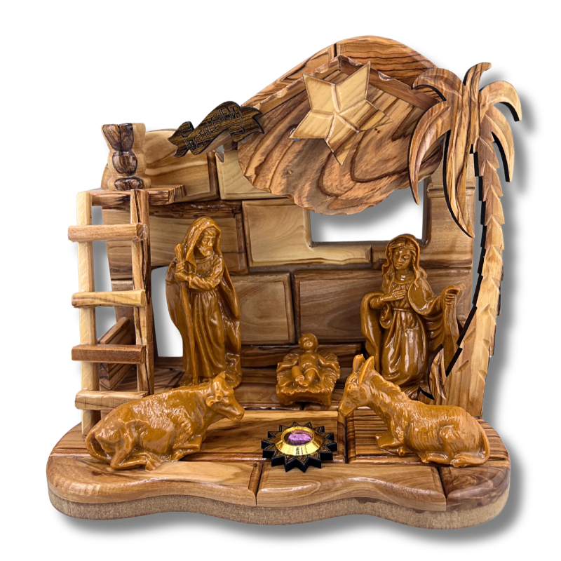 Handmade Holy Family Nativity with Built-In Music Box