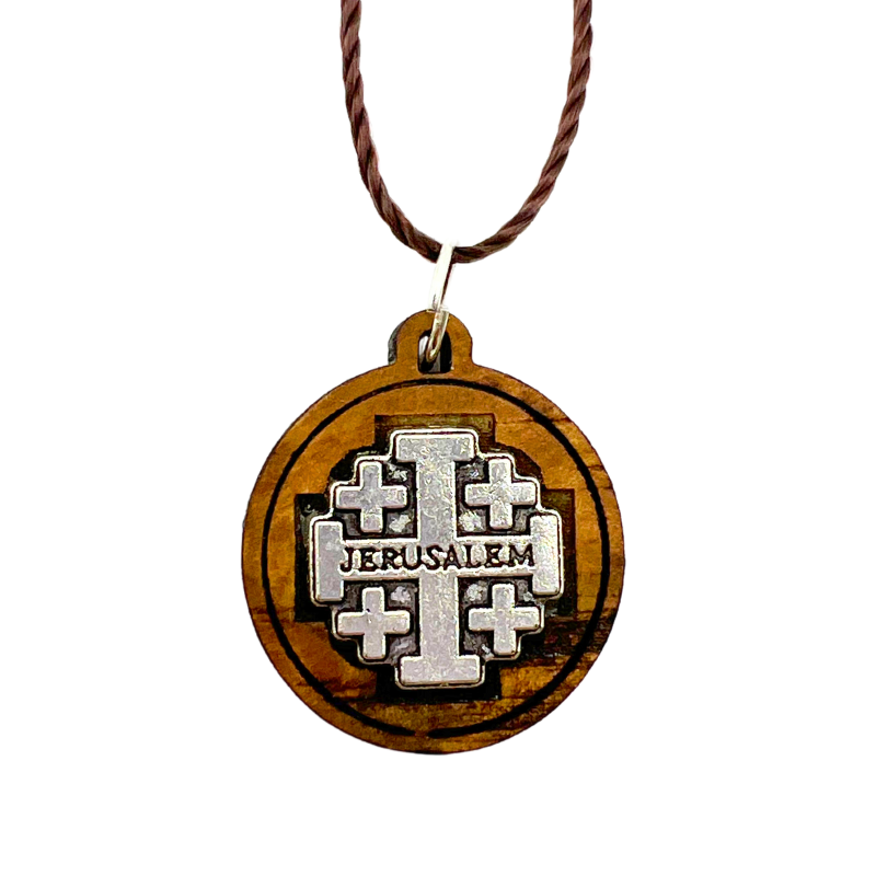 NEW* Holy Land Olive Wood Jerusalem Pendant with Metal Cross