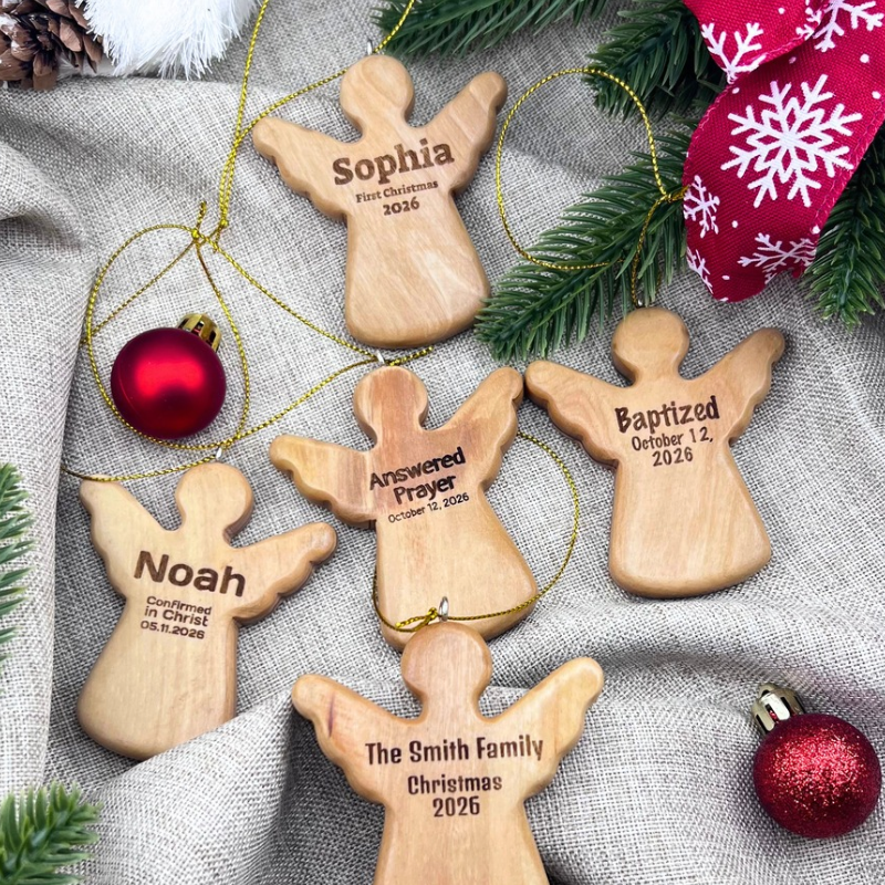 Personalized Holy Land Olive Wood Angel Christmas Ornament