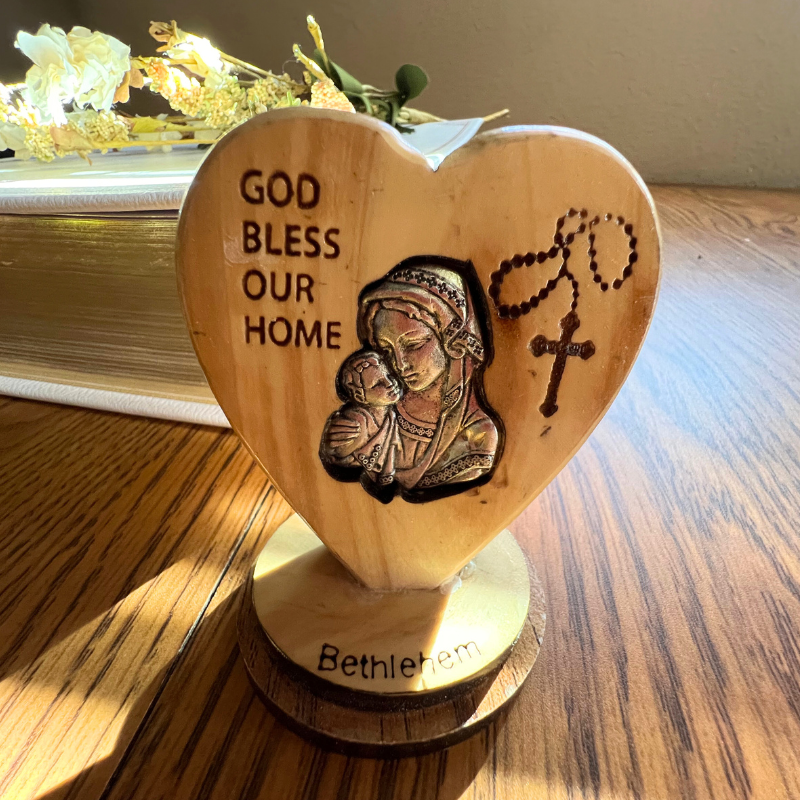 Olive Wood Virgin Mary Heart Stand
