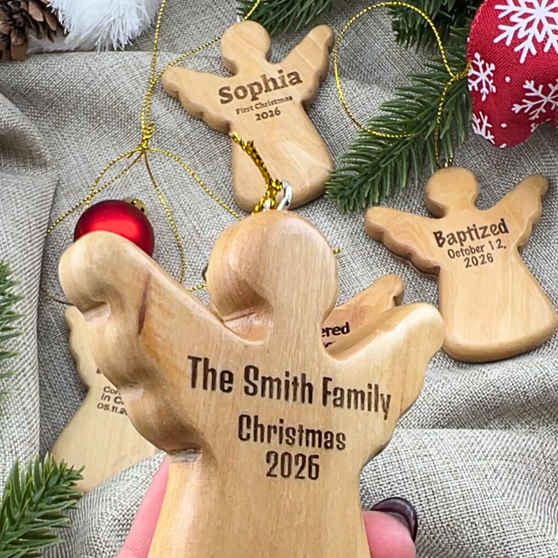 Personalized Holy Land Olive Wood Angel Christmas Ornament