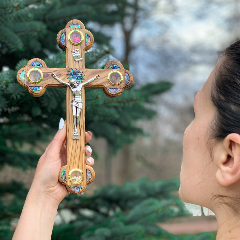 Olive Wood Crucifix (Partially covered with Mother of Pearl) - Holy La –  Bethlehem Box