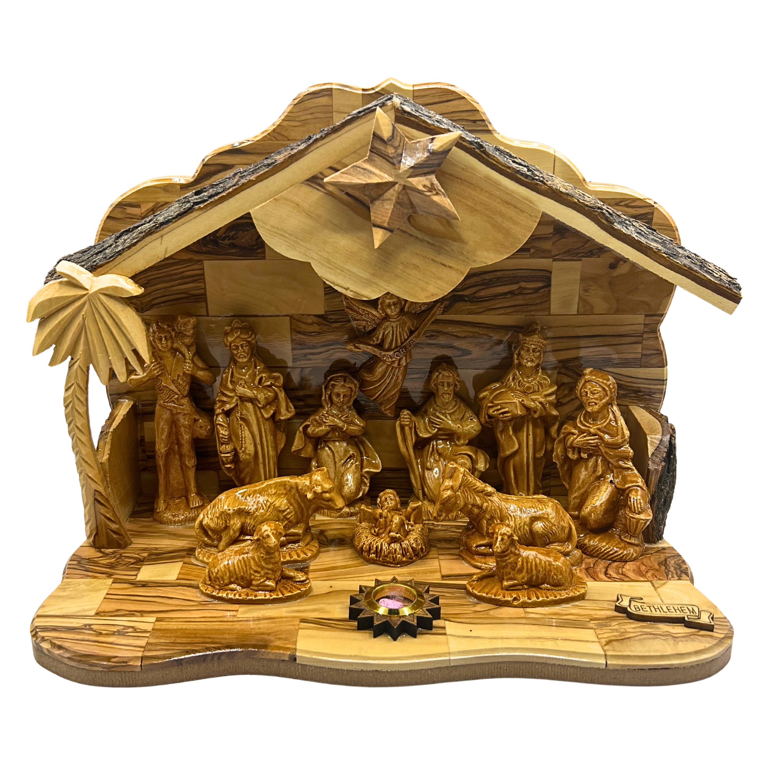Large Olive Wood Nativity Set with Music Box (12" X 6" X 9.5")