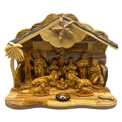 Large Olive Wood Nativity Set with Music Box (12" X 6" X 9.5")