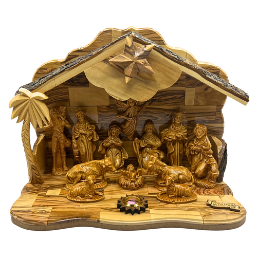 Large Olive Wood Nativity Set with Music Box (12