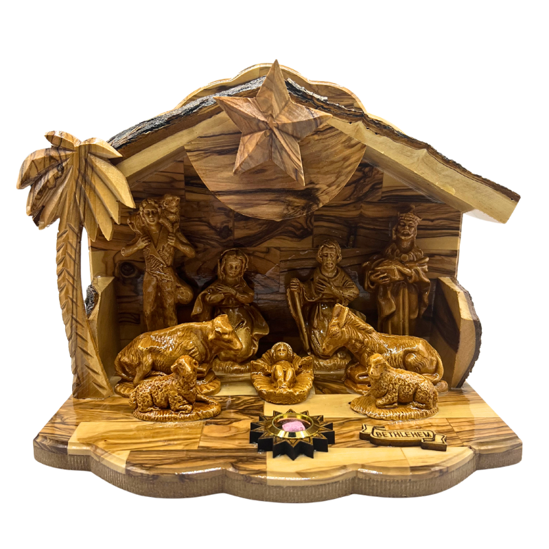 Olive Wood Nativity Set with Music Box (10″ x 5″ x 8″)