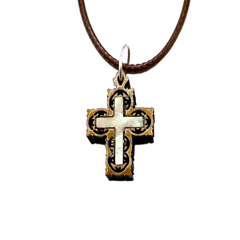 Holy Land Olive Wood Carved Cross with Mother of Pearl