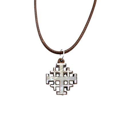 Olive Wood with Mother of Pearl Jerusalem Cross Pendant in White