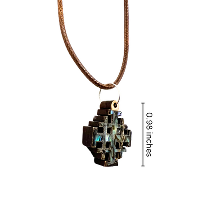 Olive Wood with Mother of Pearl Jerusalem Cross Pendant in Blue