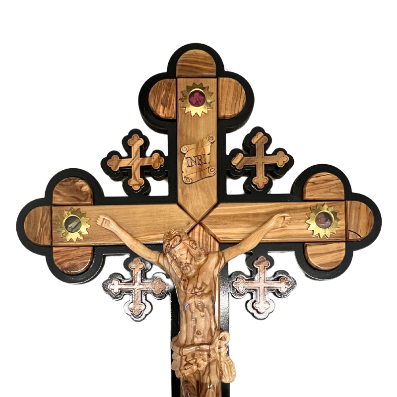 Extra Large Olive Wood Trefoil Crucifix with Carved Jesus
