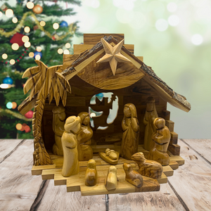 Large Olive Wood Nativity Set with Music Box(10.5x10 inches - 12 Piece Set)