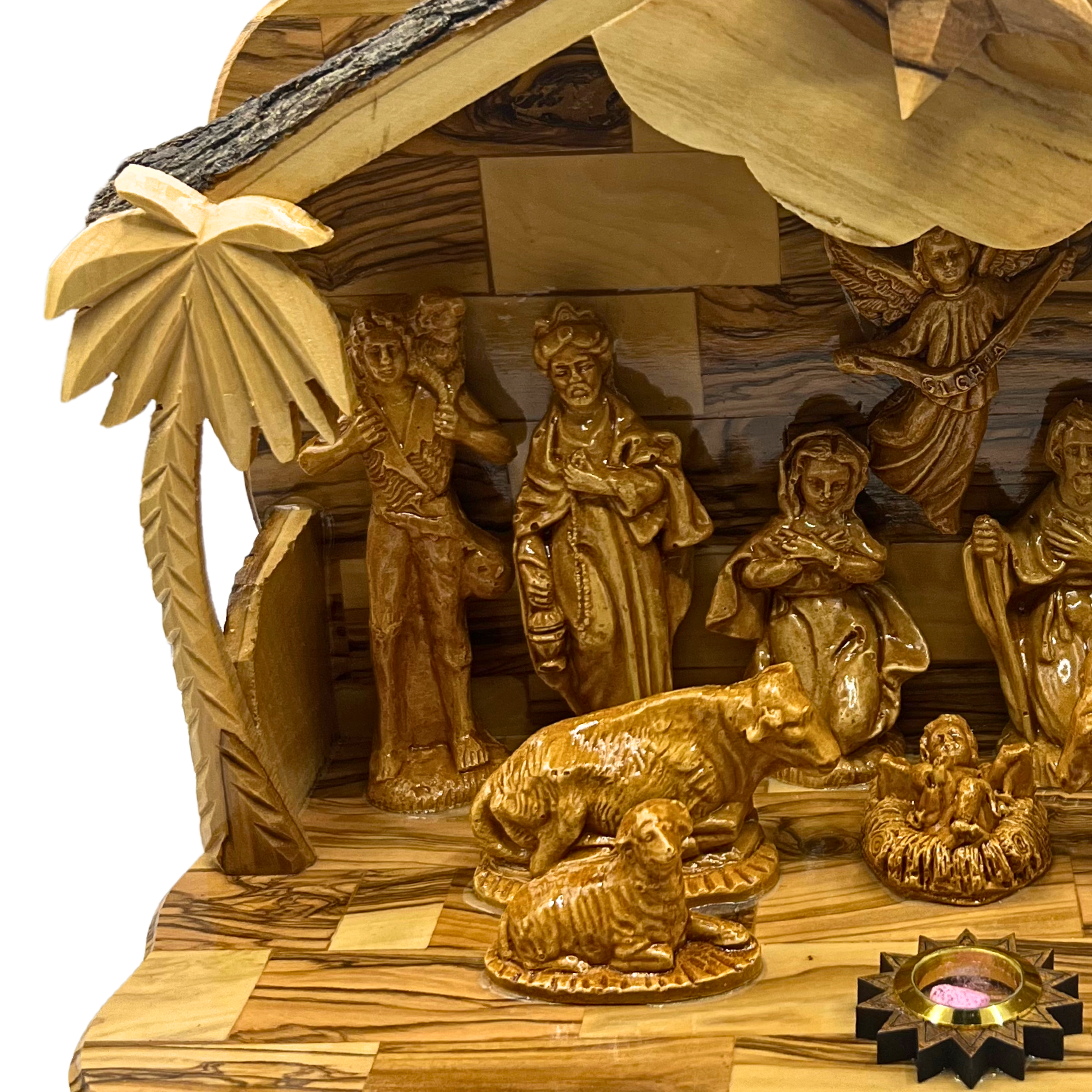 Large Olive Wood Nativity Set with Music Box (12" X 6" X 9.5")