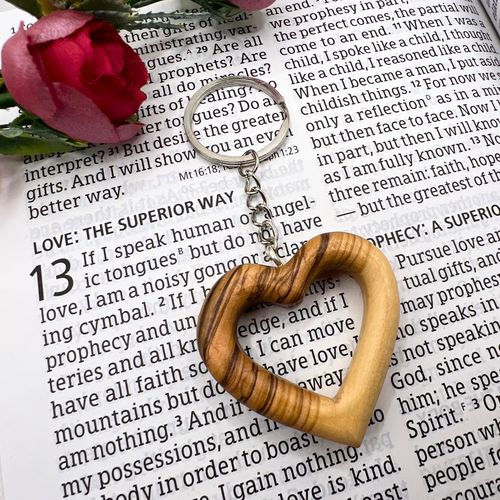 Carved Olive Wood Heart Keychain