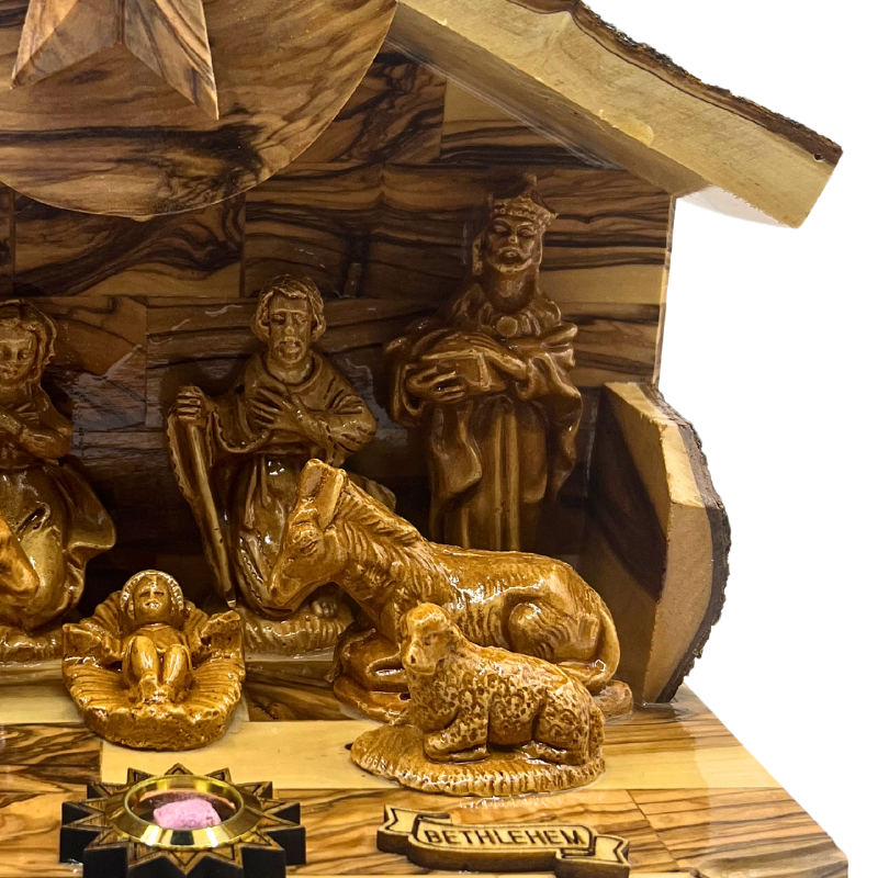Olive Wood Nativity Set with Music Box (10″ x 5″ x 8″)
