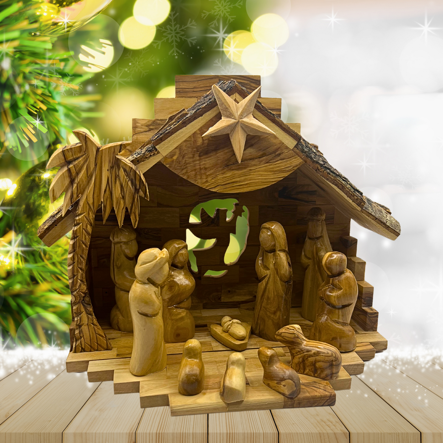 Large Olive Wood Nativity Set with Music Box(10.5x10 inches - 12 Piece Set)