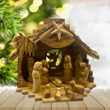 Load image into Gallery viewer, Large Olive Wood Nativity Set with Music Box(10.5x10 inches - 12 Piece Set)