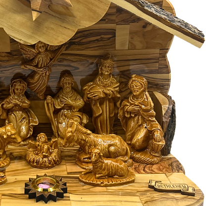 Large Olive Wood Nativity Set with Music Box (12" X 6" X 9.5")