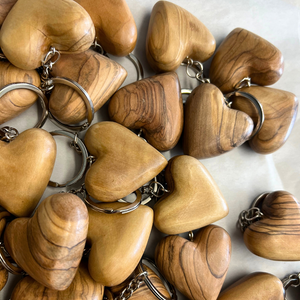 Olive Wood Holy Land Heart Keychain