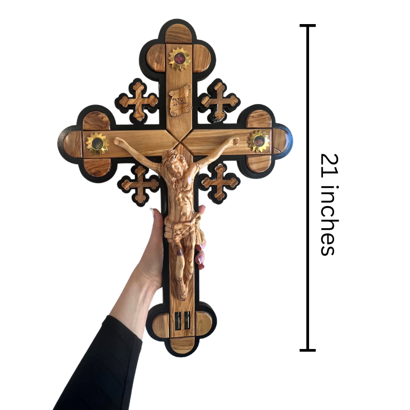 Extra Large Olive Wood Trefoil Crucifix with Carved Jesus