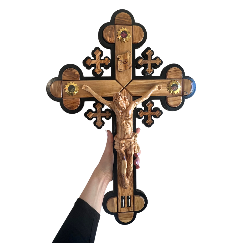 Extra Large Olive Wood Trefoil Crucifix with Carved Jesus