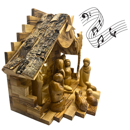 Large Olive Wood Nativity Set with Music Box(10.5x10 inches - 12 Piece Set)