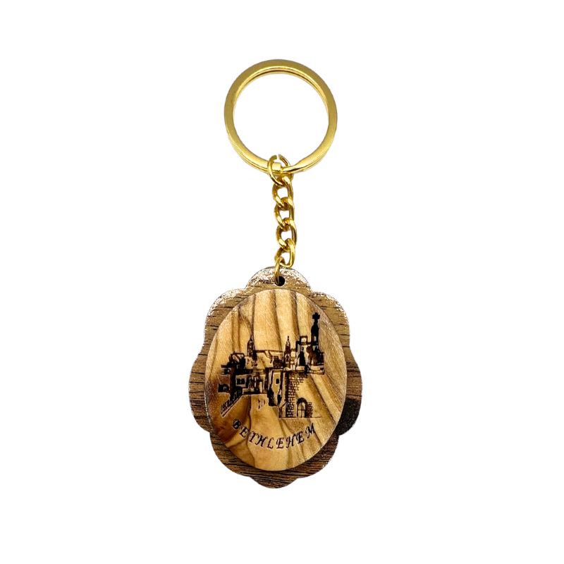 Olive Wood Nativity Church Keychain