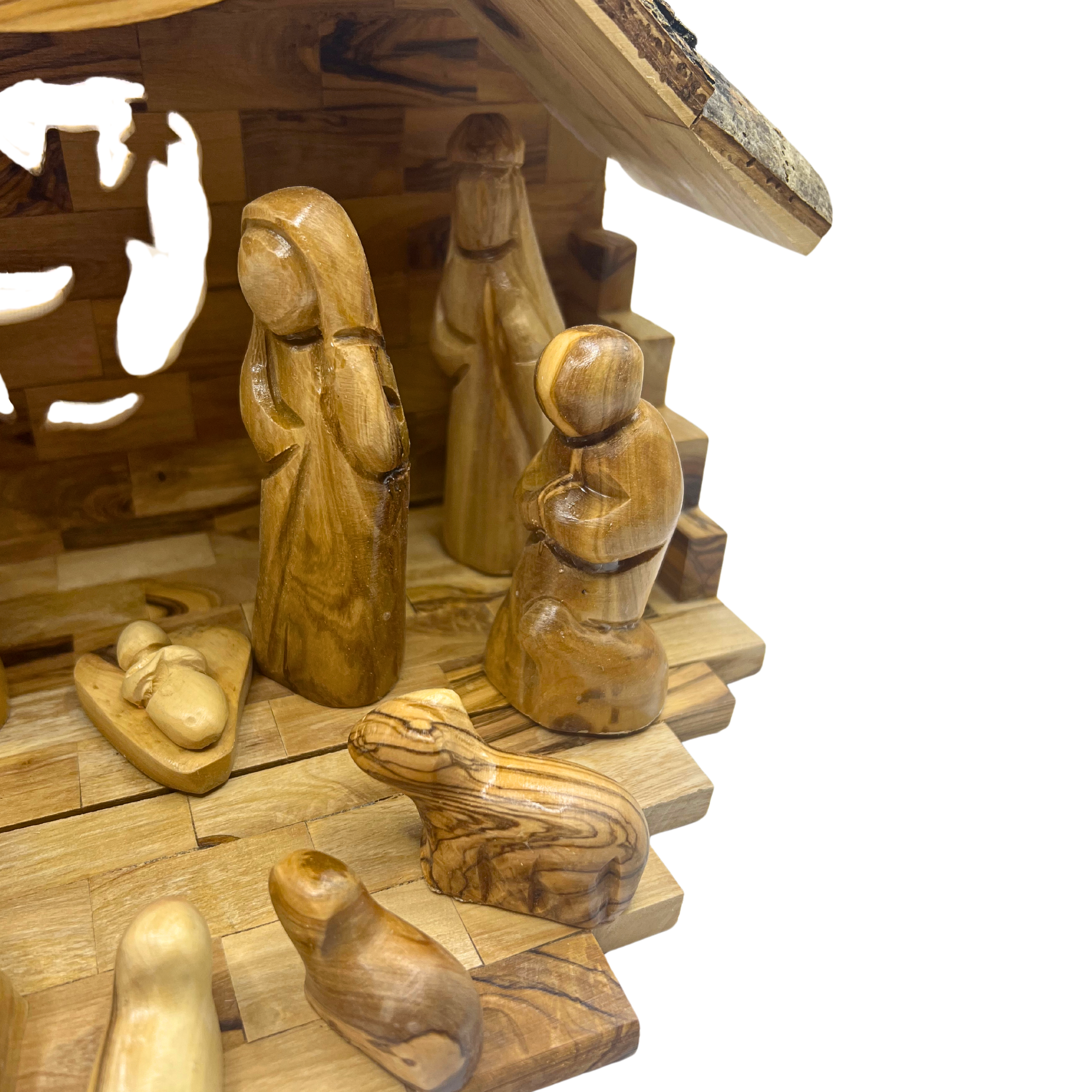 Large Olive Wood Nativity Set with Music Box(10.5x10 inches - 12 Piece Set)