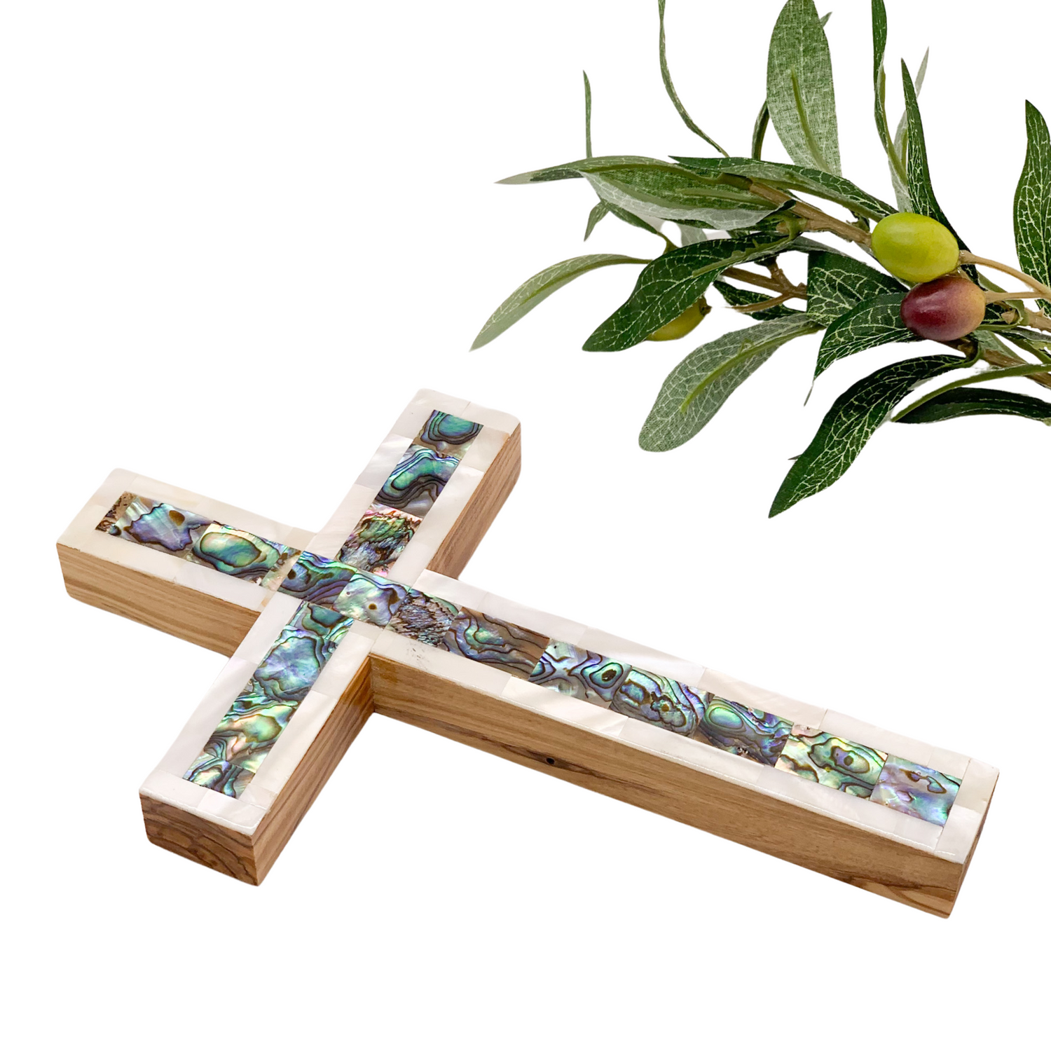 Olive Wood Cross (Fully covered with Mother of Pearl, white exterior)