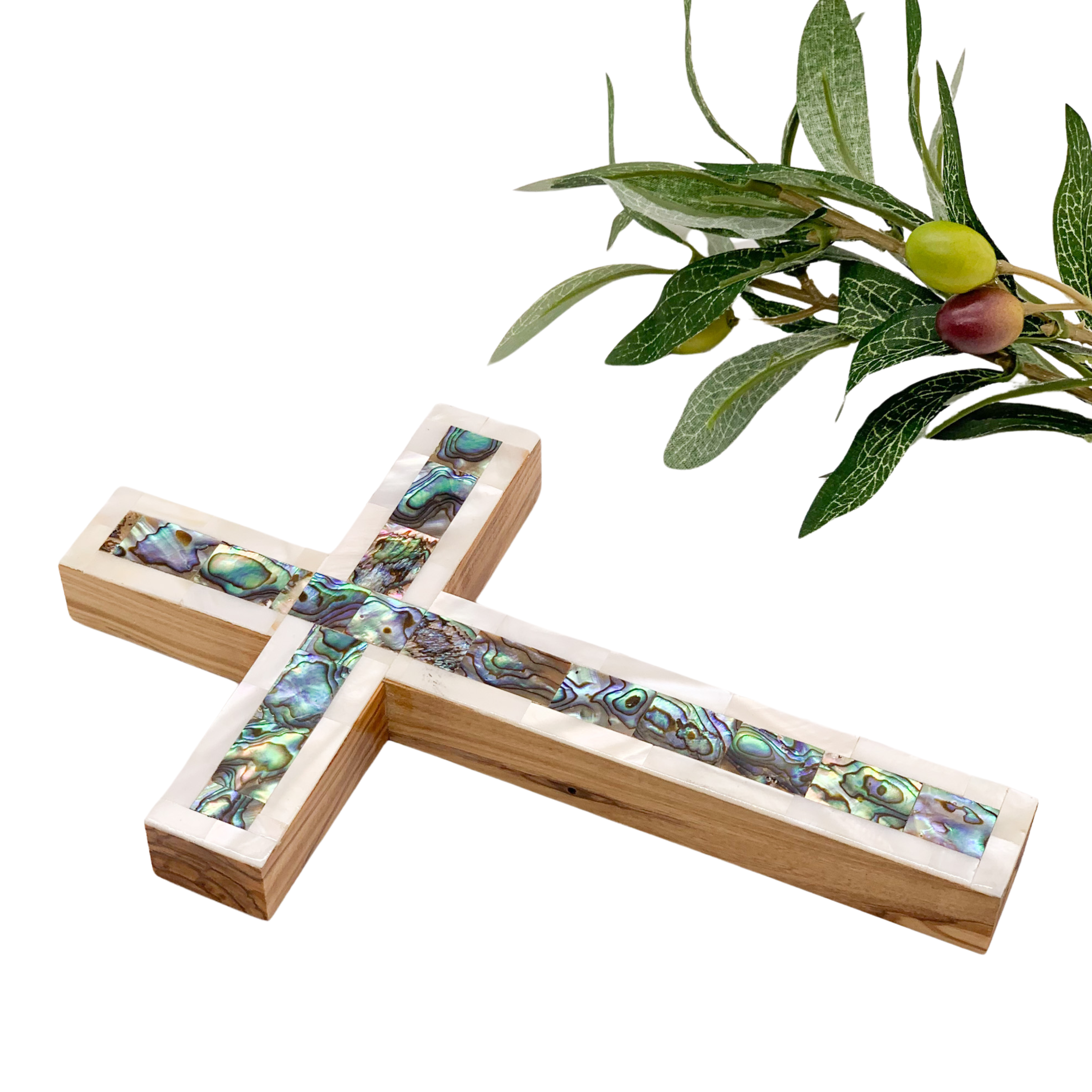 Olive Wood Cross (Fully covered with Mother of Pearl, white exterior)