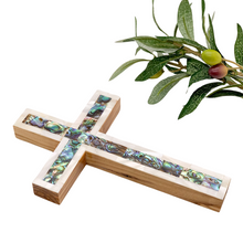 Load image into Gallery viewer, Olive Wood Cross (Fully covered with Mother of Pearl, white exterior)