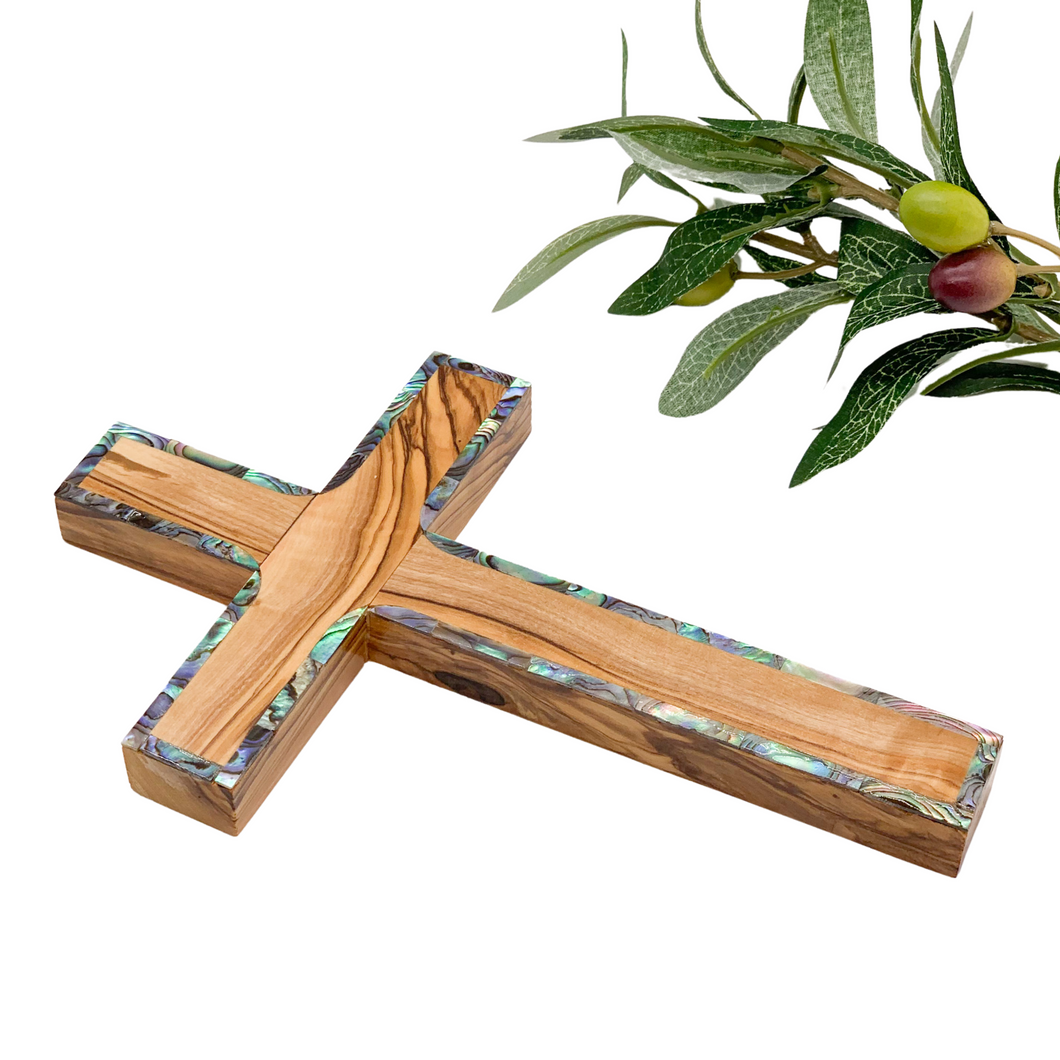 Olive Wood Cross with Mother of Pearl Borders - Holy Land Crosses