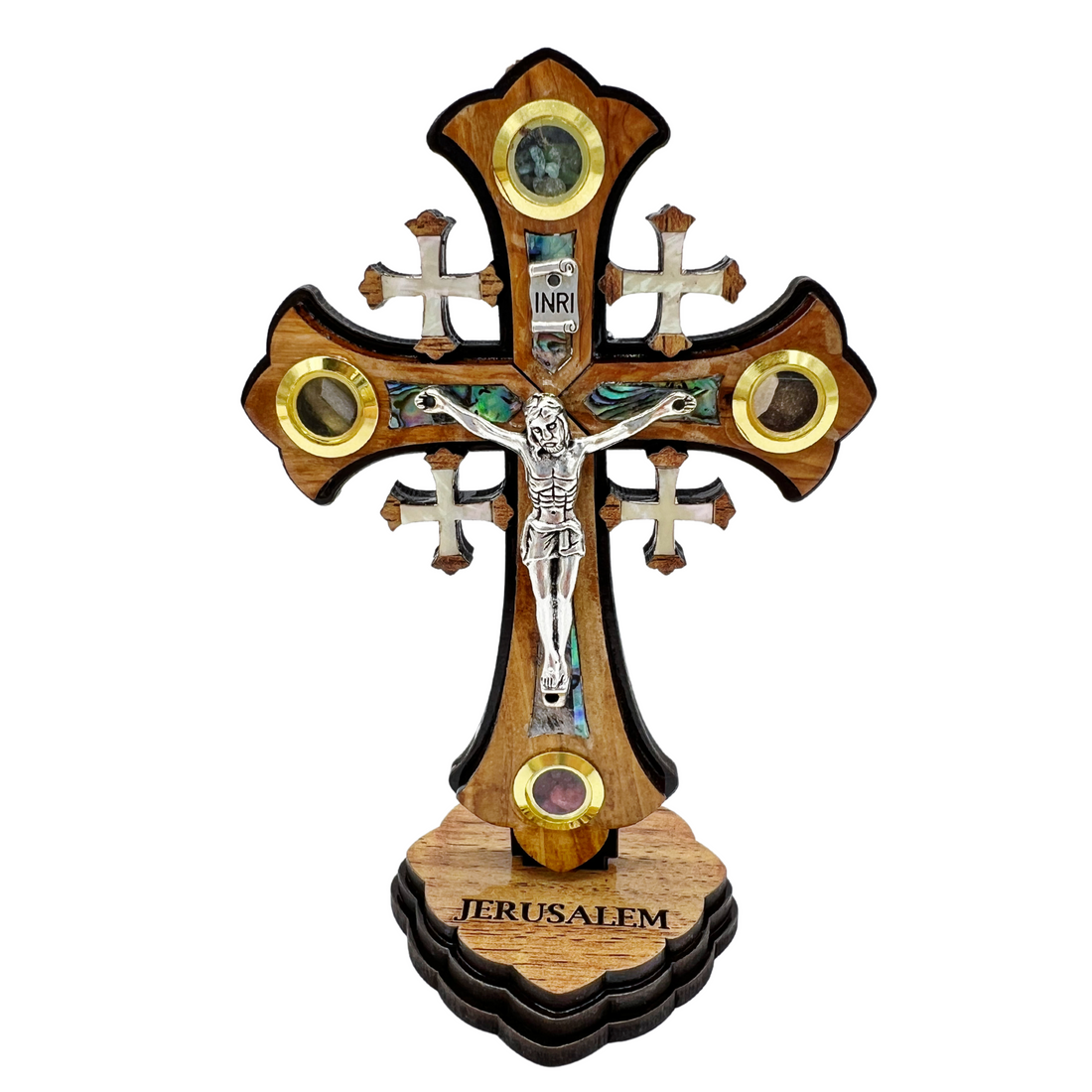 Olive Wood Jerusalem Crucifix with Removable Stand