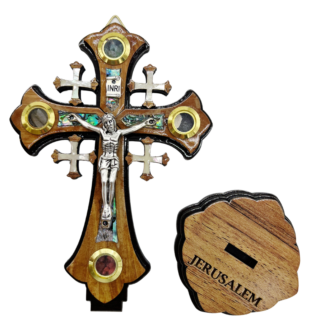 Olive Wood Jerusalem Crucifix with Removable Stand