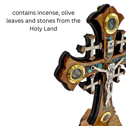 Olive Wood Jerusalem Crucifix with Removable Stand