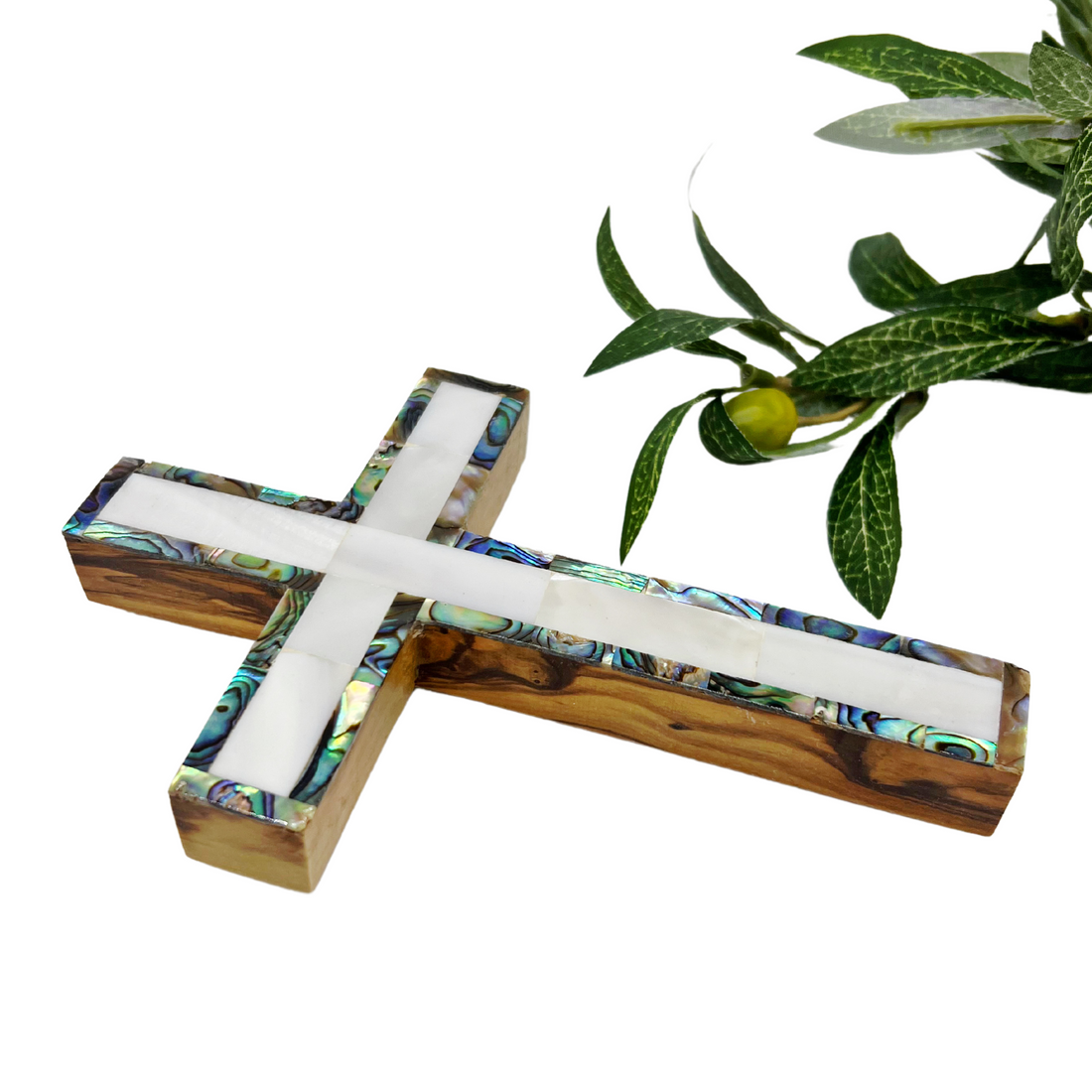 Olive Wood Cross (Fully covered with Mother of Pearl, white interior) - Holy Land Crosses