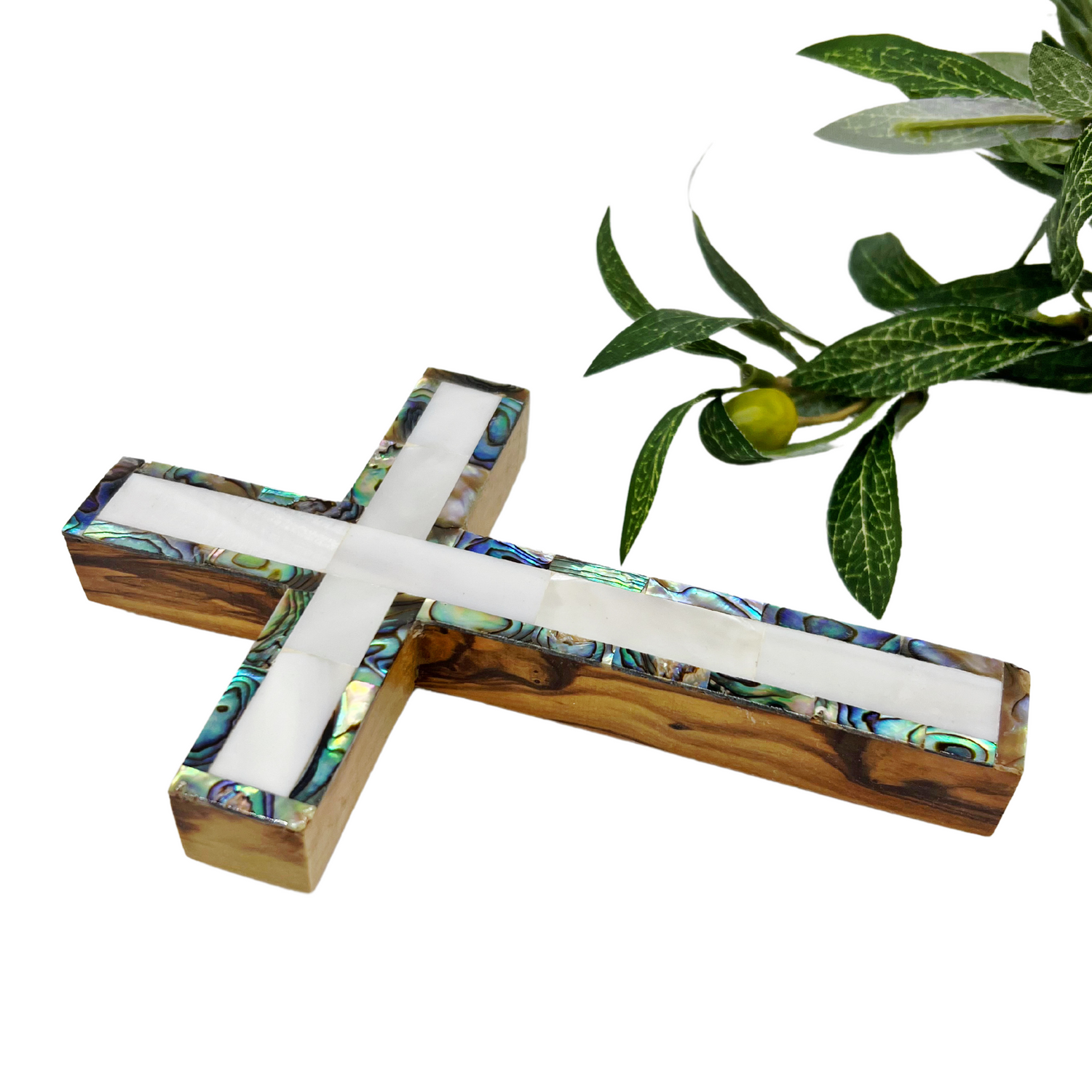Olive Wood Cross (Fully covered with Mother of Pearl, white interior) - Holy Land Crosses