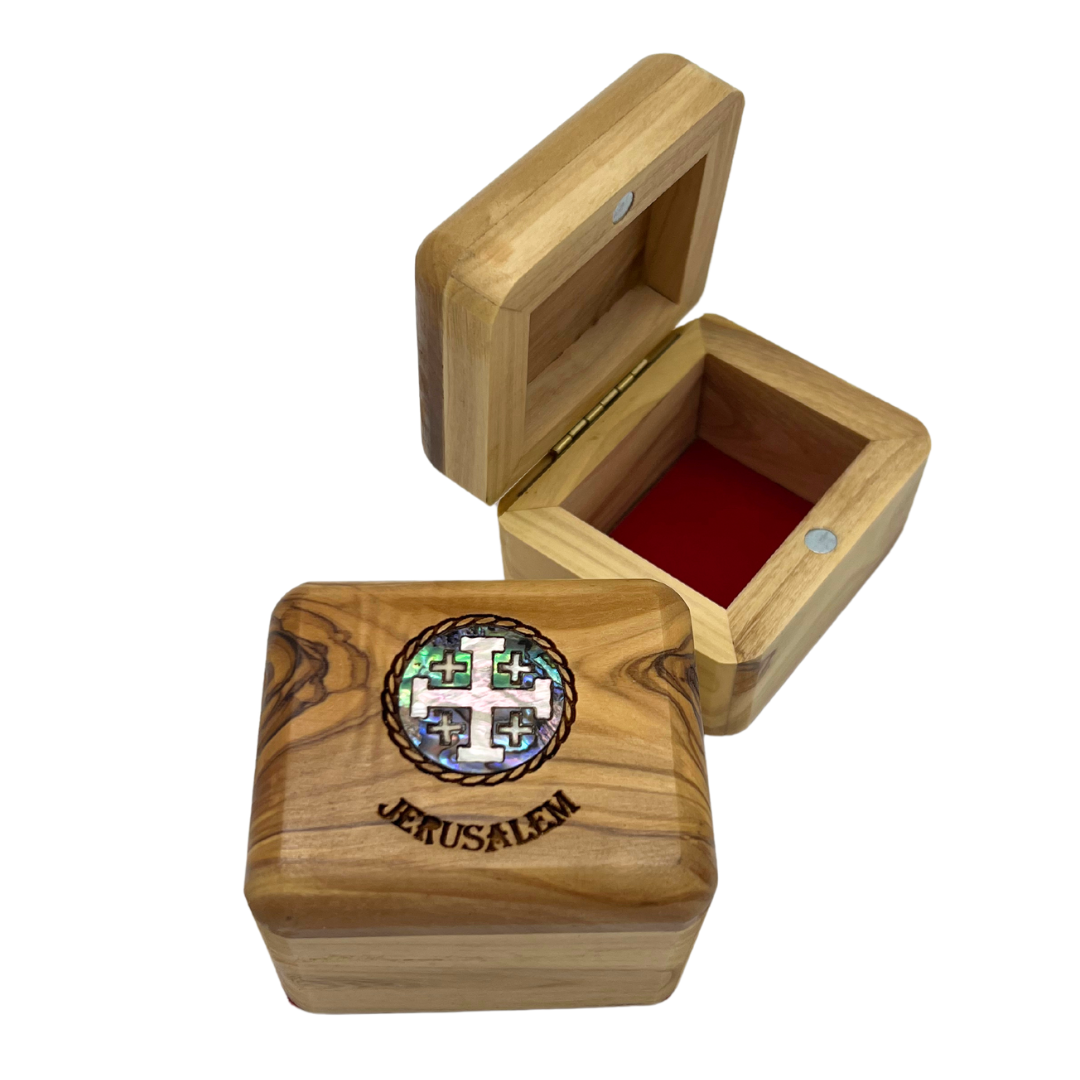 Olive Wood Jewelry Box with Mother of Pearl Jerusalem Cross