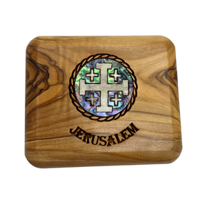 Olive Wood Jewelry Box with Mother of Pearl Jerusalem Cross