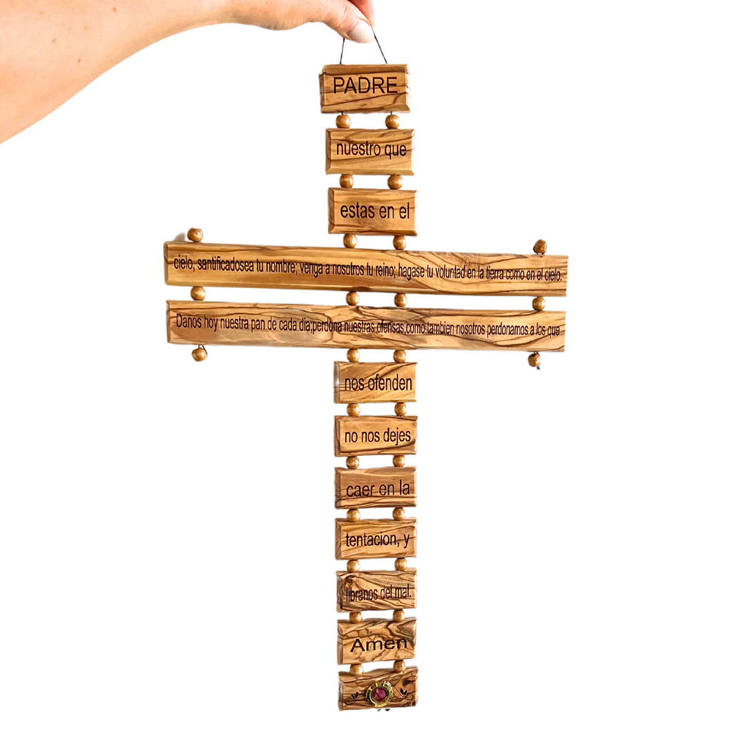 Large Olive Wood Cross with Lord's Prayer in Spanish