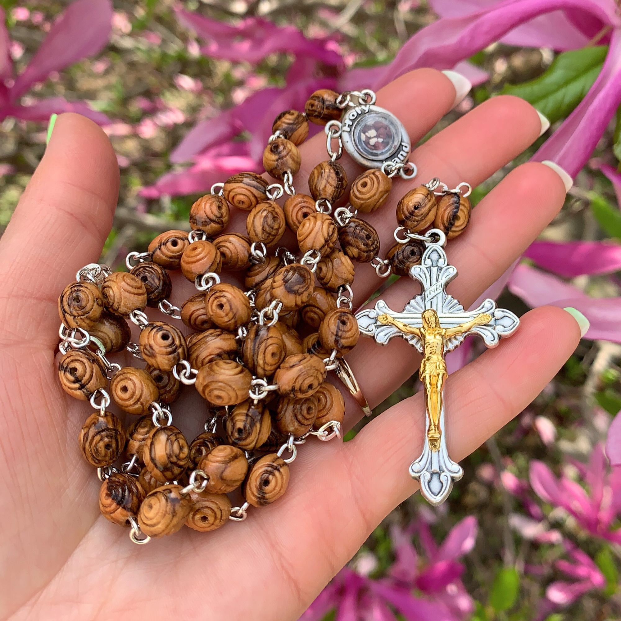 Olive Wood Carved Beads Rosary with Holy Soil - Holy Land Rosaries