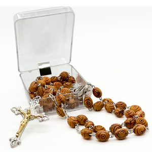 Olive Wood Carved Beads Rosary with Holy Soil - Holy Land Rosaries