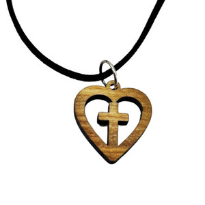 Heart Cross Olive Wood Pendant