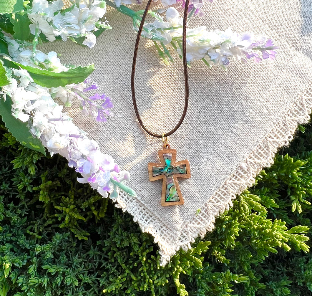 Holy Land Olive Wood Mother of Pearl Cross Pendant