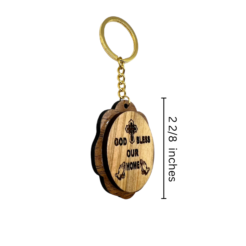 Olive Wood God Bless Our Home Keychain