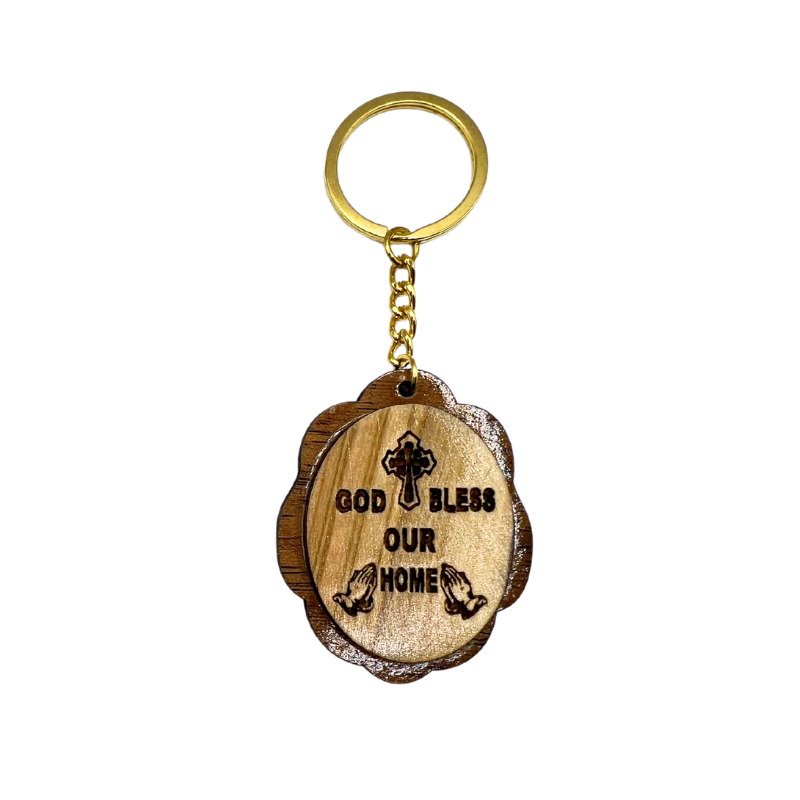 Olive Wood God Bless Our Home Keychain