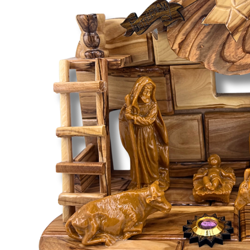 Handmade Holy Family Nativity with Built-In Music Box
