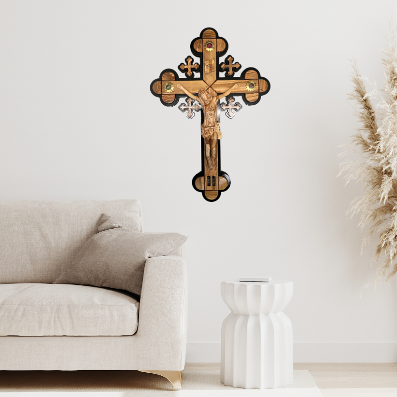 Extra Large Olive Wood Trefoil Crucifix with Carved Jesus