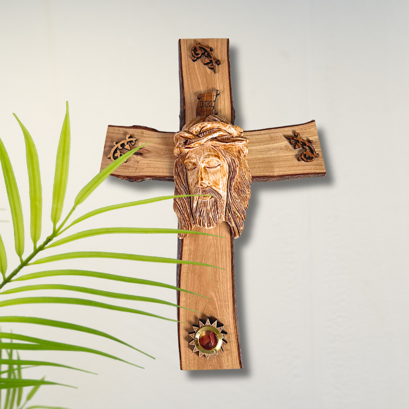 NEW* Olive Wood Wall Cross with the Face of Jesus