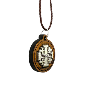 Holy Land Olive Wood Jerusalem Pendant with Metal Cross