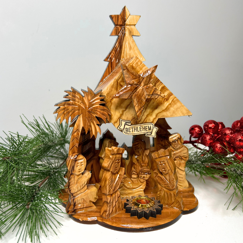 Olive Wood Nativity Scene with Music Box - (8x6 Inches)